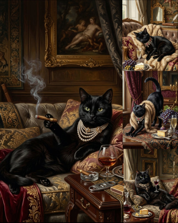 "The Black Cat’s Luxurious Hour"| Gallery Wall Art Set of 4