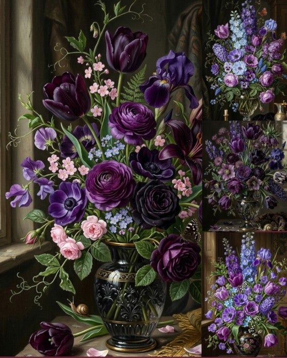 "Bouquet in Blue and Purple"| Gallery Wall Art Set of 4