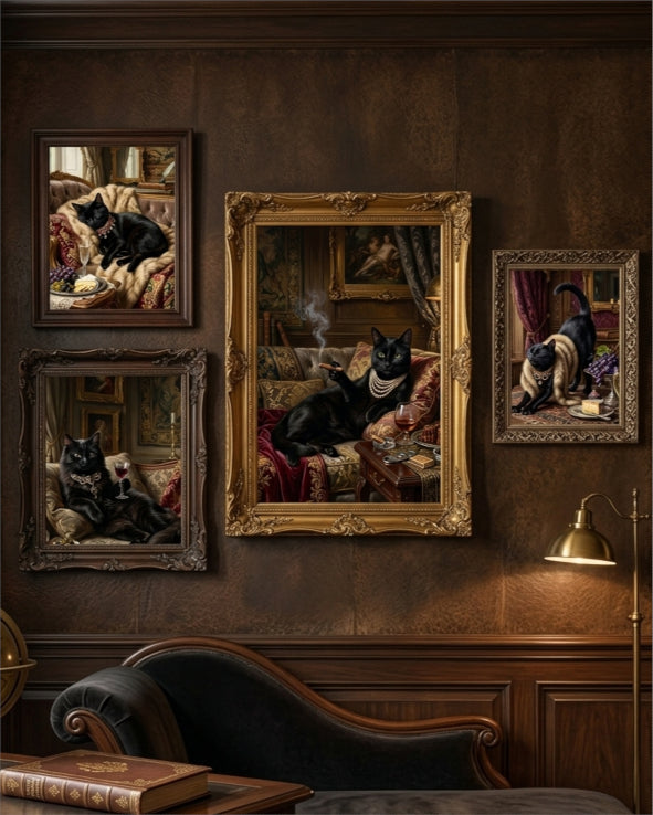 "The Black Cat’s Luxurious Hour"| Gallery Wall Art Set of 4